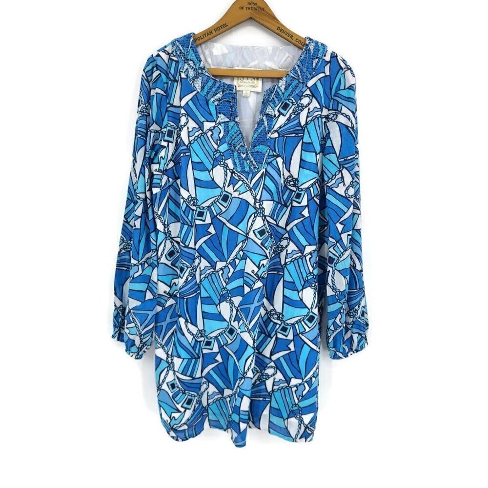 Sail to Sable Blue Flag Tunic Womens Medium Long Sleeve Mini Dress